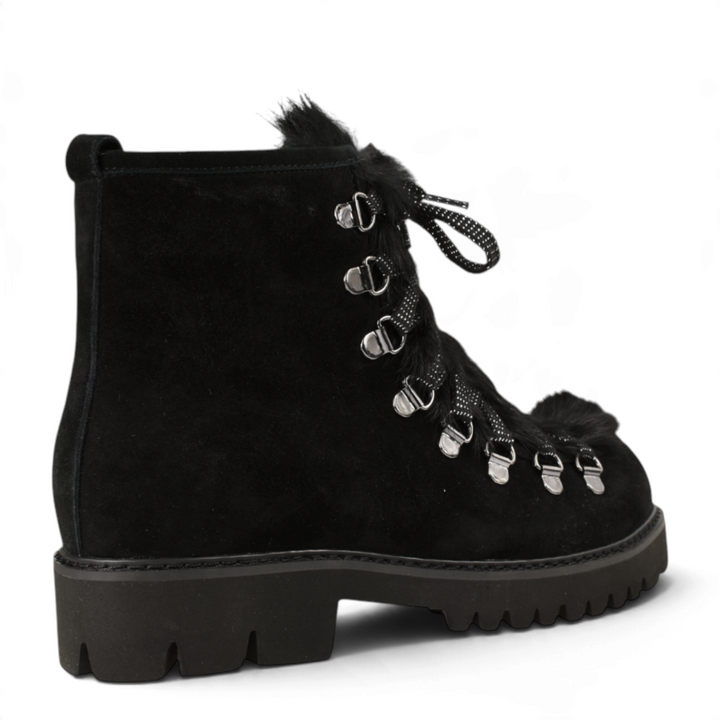 ada-shoes.ro Formazione black suede ankle boots with faux fur trim, glitter laces, and chunky lug sole side view