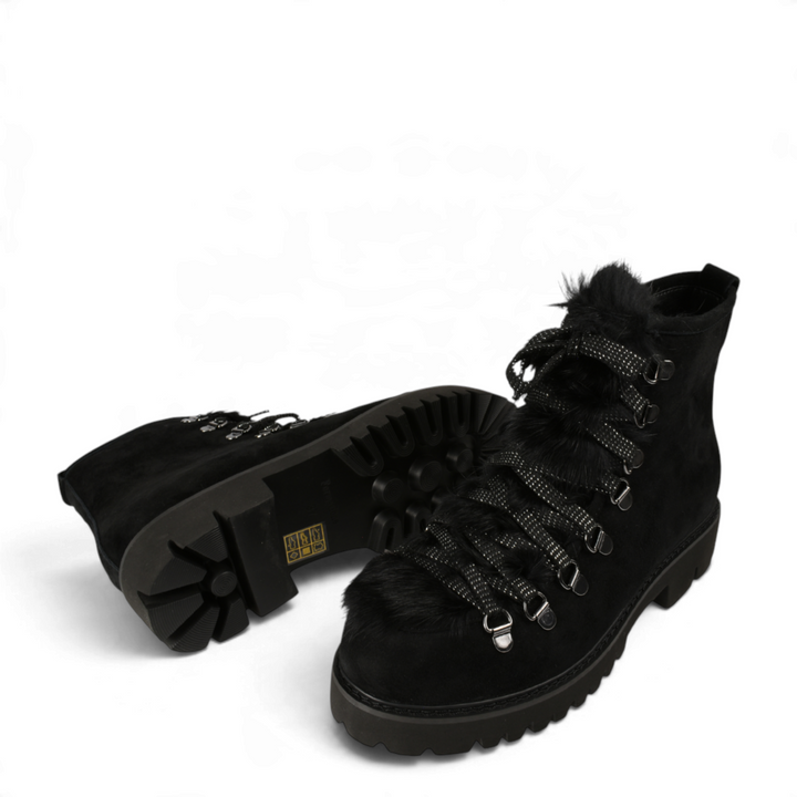 ada-shoes.ro Formazione black suede winter boots with faux fur trim, glitter laces, and chunky lug soles.