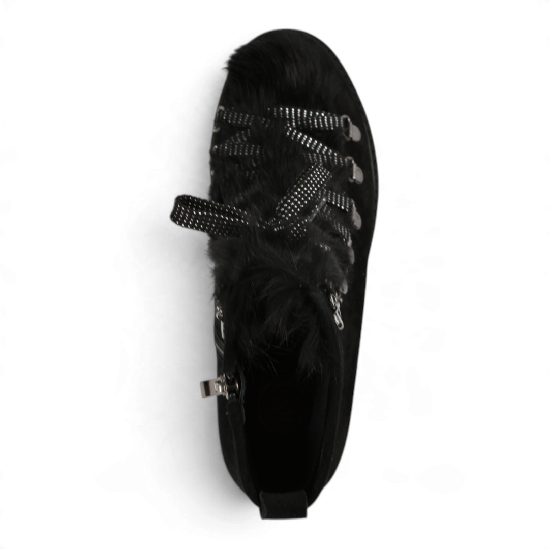 ada-shoes.ro Formazione black suede casual boots with fur trim, glitter laces, and chunky sole, top view