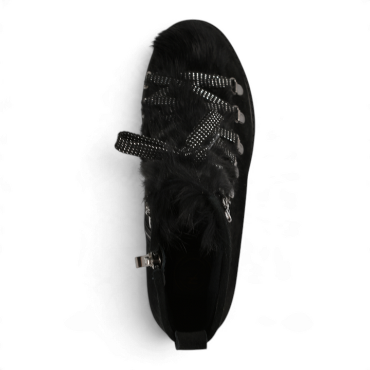 ada-shoes.ro Formazione black suede casual boots with fur trim, glitter laces, and chunky sole, top view
