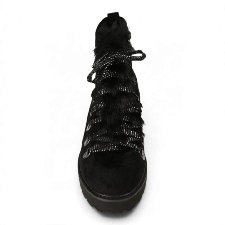 ada-shoes.ro Formazione black suede winter boots with faux fur trim, glitter laces, and chunky lug sole.