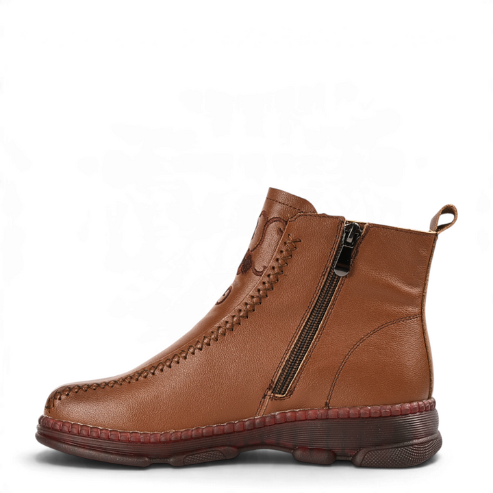 ada-shoes.ro brown leather casual ankle boots for women with side zipper and stitched flexible sole