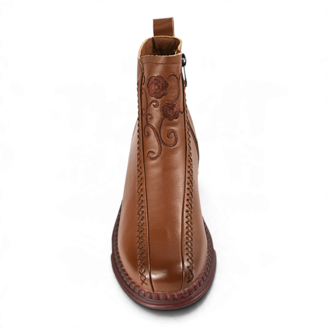 ada-shoes.ro Formazione brown leather casual ankle boots with floral embroidery and side zipper closure