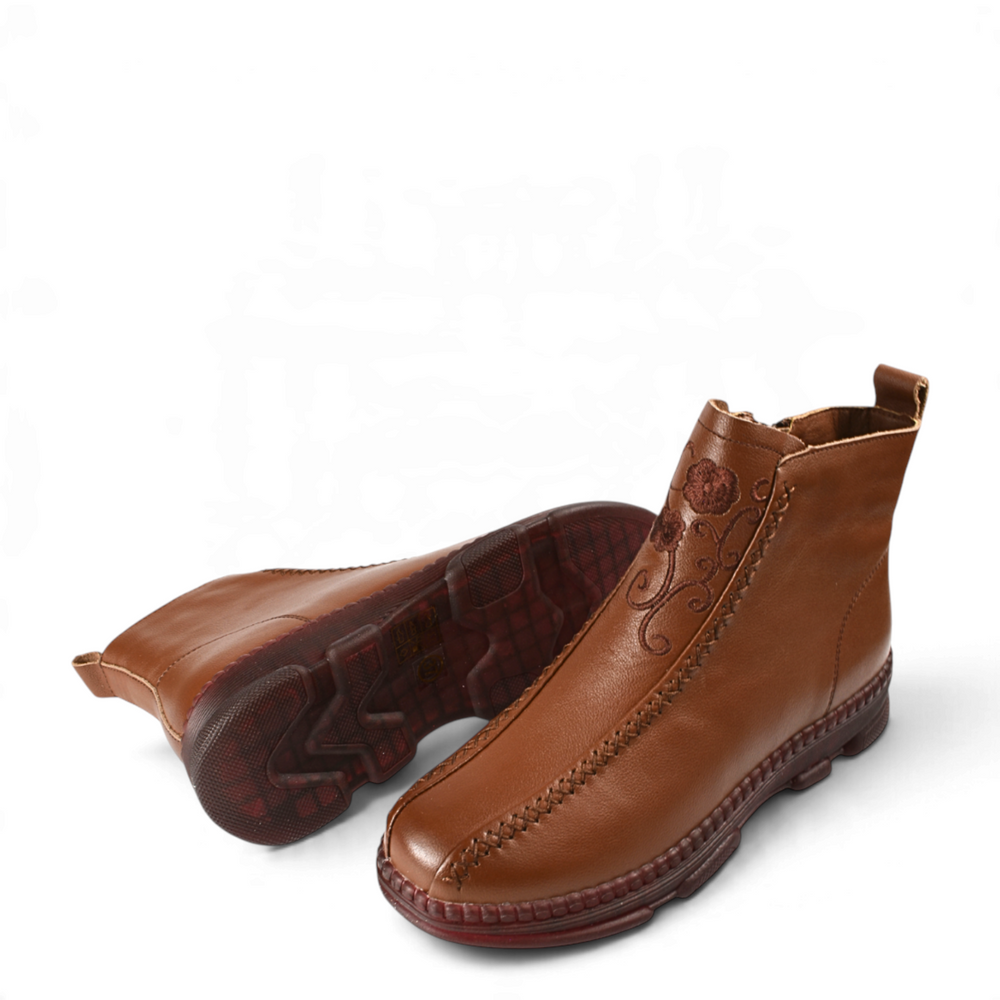 ada-shoes.ro FORMAZIONE brown leather casual ankle boots with floral embroidery and side zipper closure