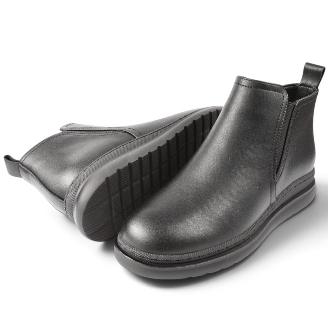 ada-shoes.ro Karisma black faux leather ankle boots with side zipper and elastic panel on a flexible rubber sole