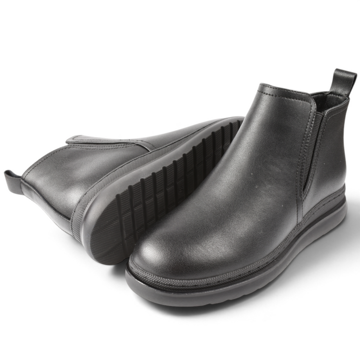 ada-shoes.ro Karisma black faux leather ankle boots with side zipper and elastic panel on a flexible rubber sole