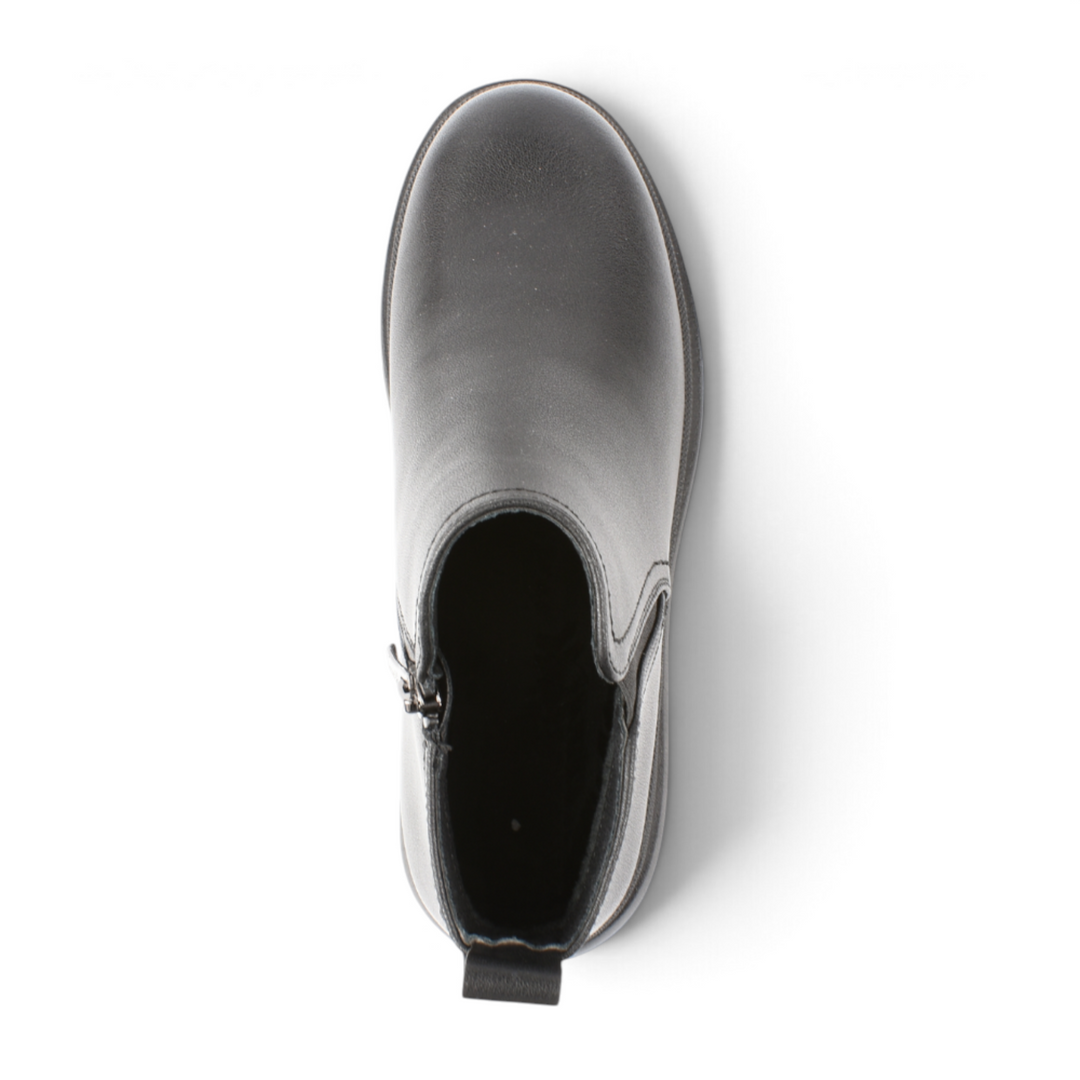 Top view of black Karisma casual ankle boots in faux leather with side zipper and elastic panel