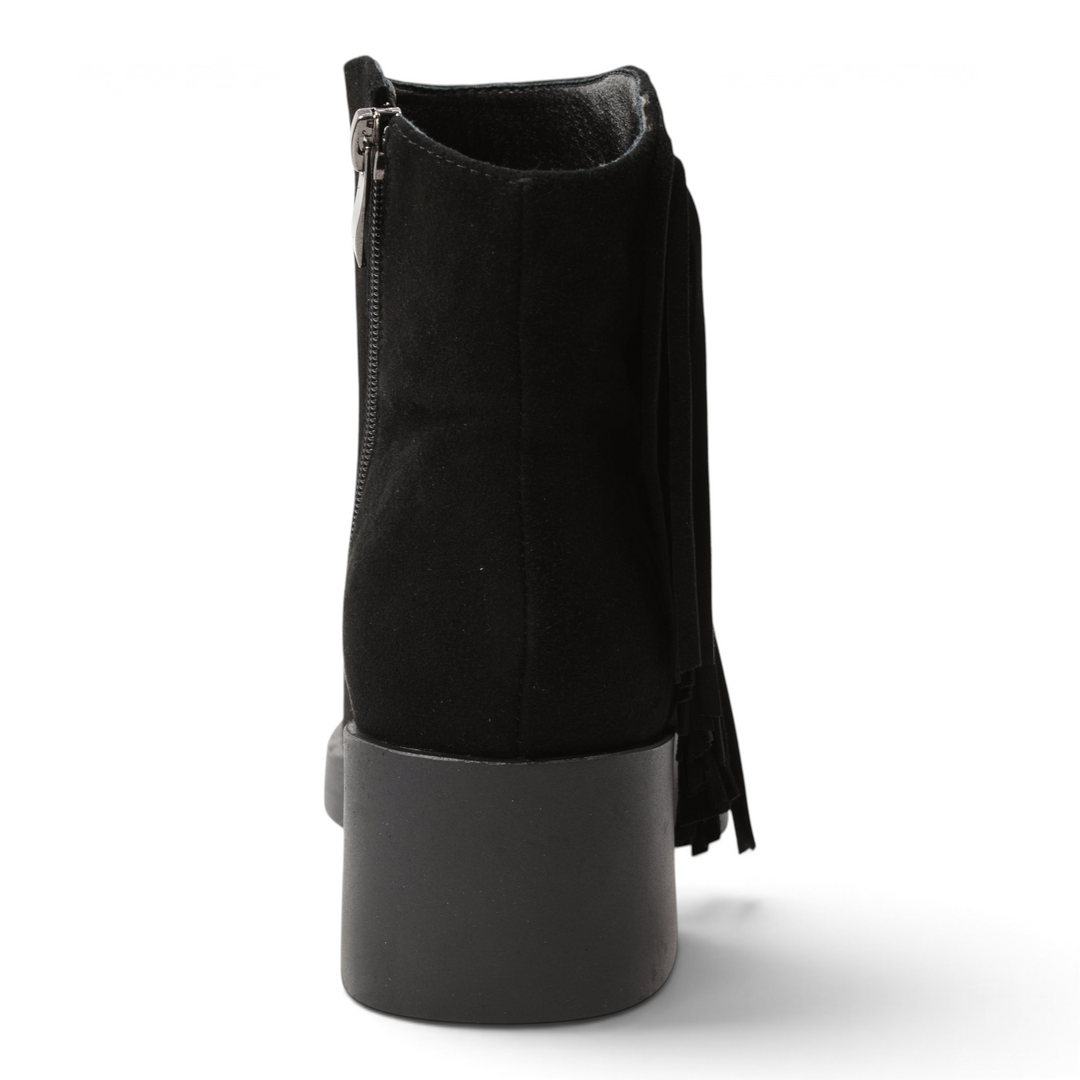 ada-shoes.ro black suede ankle boots with fringe detail and side zipper, back view