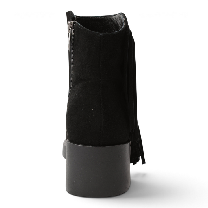 ada-shoes.ro black suede ankle boots with fringe detail and side zipper, back view