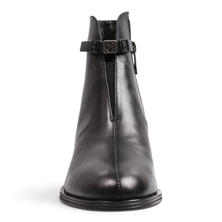 ada-shoes.ro Anna Viotti black leather ankle boots with geometric block heel and decorative metal buckle detail