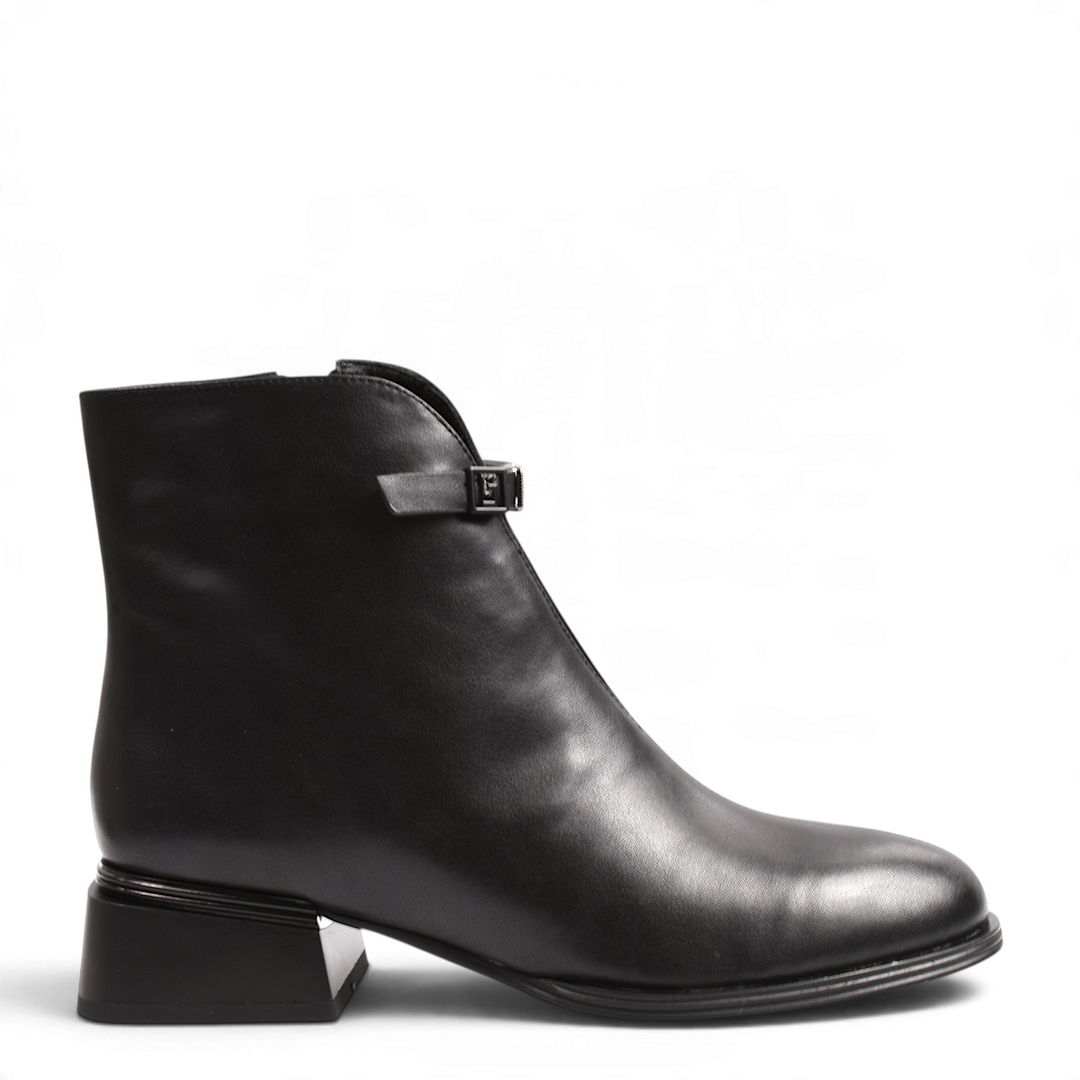 ada-shoes.ro black leather ankle boots with geometric block heel and decorative strap detail