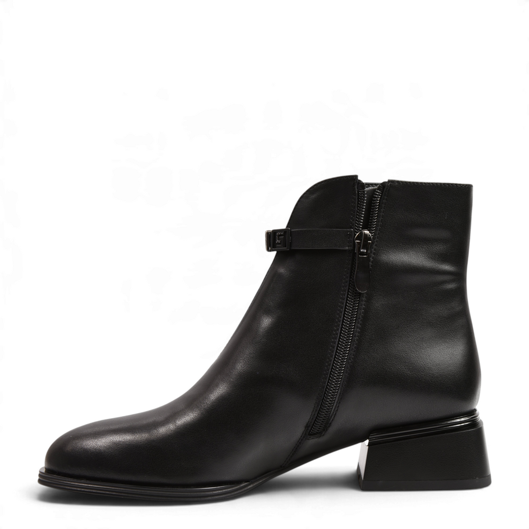 ada-shoes.ro black leather ankle boots with a geometric block heel and decorative strap detail