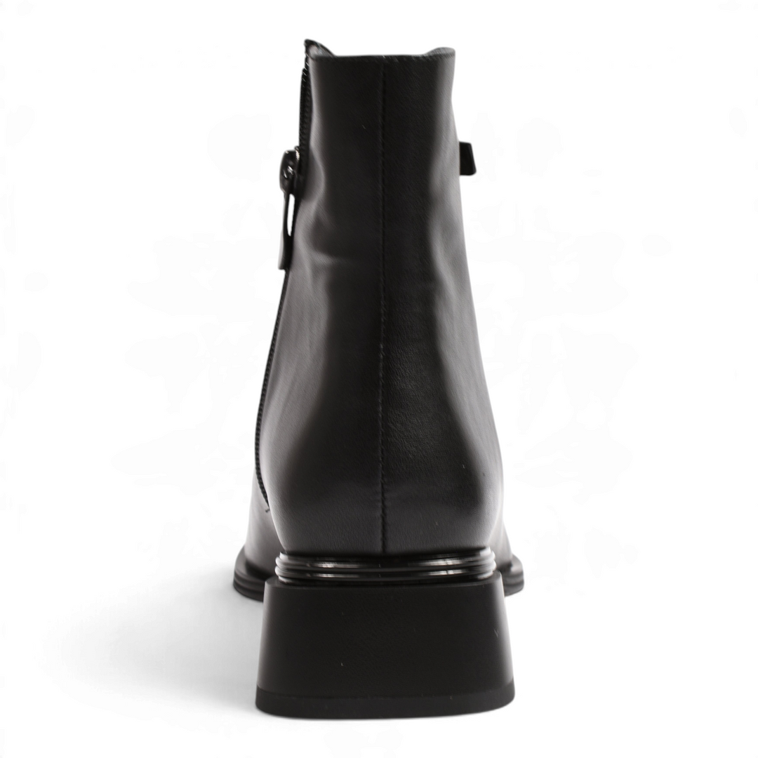 ada-shoes.ro black leather ankle boots with a geometric block heel, shown from the back view.