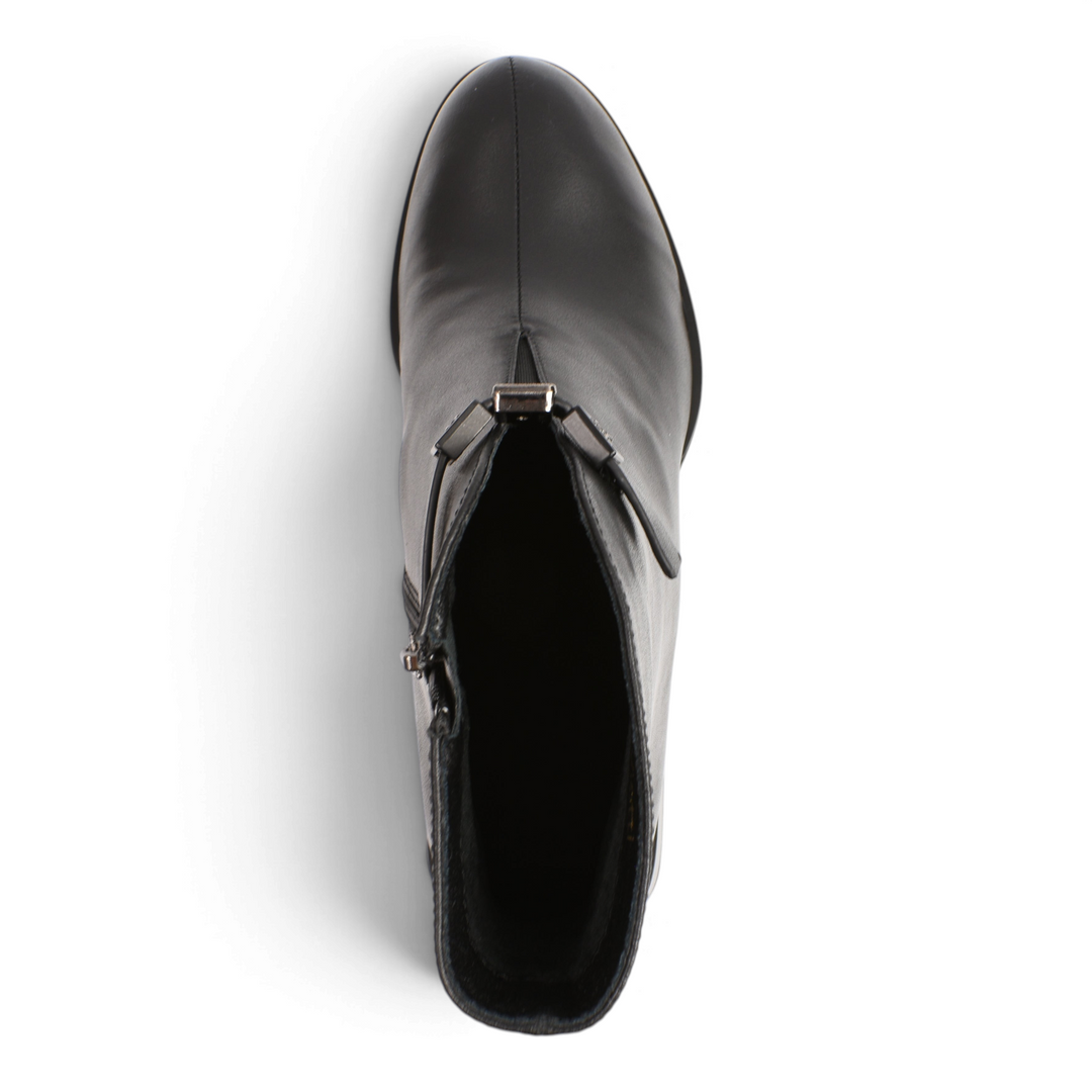 Top view of black leather Anna Viotti ankle boots from ada-shoes.ro with decorative metal buckle and side zipper