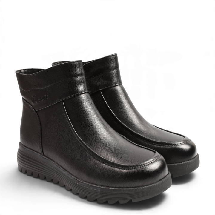 ada-shoes.ro Anna Viotti black leather ankle boots with moccasin-style stitching and thick lug sole for winter