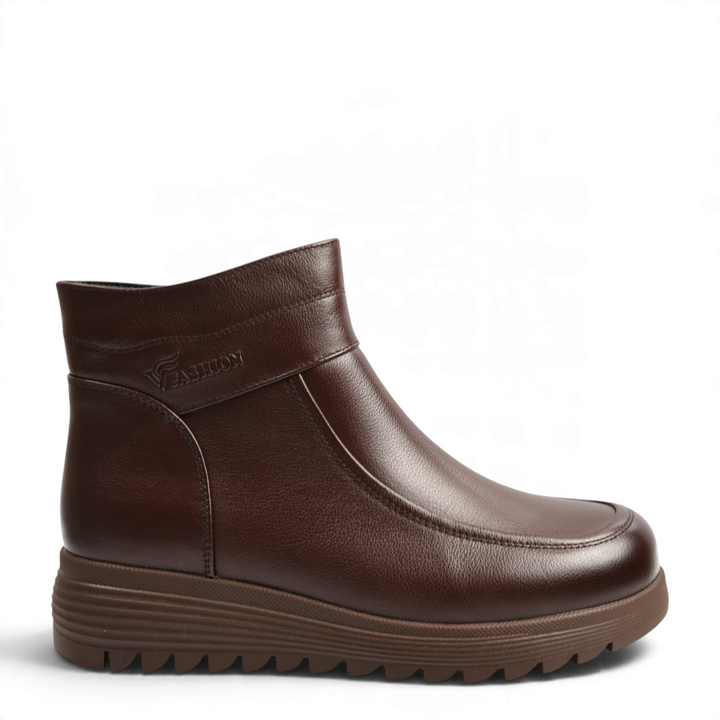 ada-shoes.ro Anna Viotti brown leather ankle boots with a textured platform sole and side fashion branding