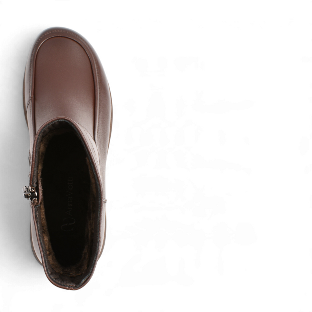 ada-shoes.ro Anna Viotti brown leather ankle boots with warm fur lining and side zipper, top view