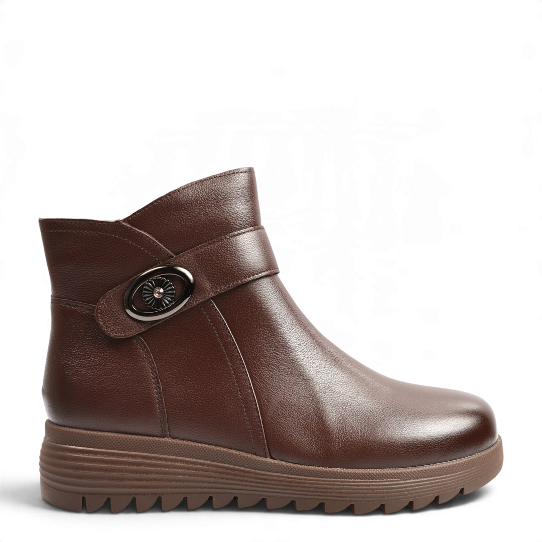 ada-shoes.ro brown leather ankle boots with decorative metal buckle and thick anti-slip sole for women