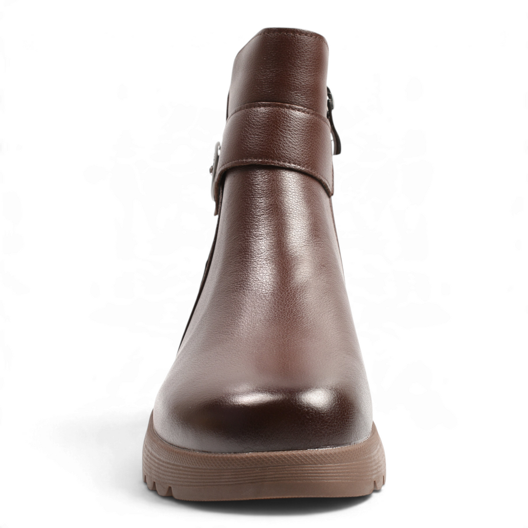ada-shoes.ro Anna Viotti brown leather ankle boots with decorative side strap and thick lug sole