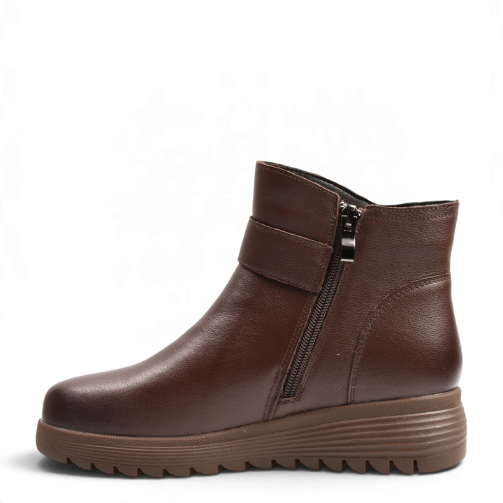 ada-shoes.ro brown leather ankle boots with side zipper, decorative strap, and thick anti-slip orthopedic sole