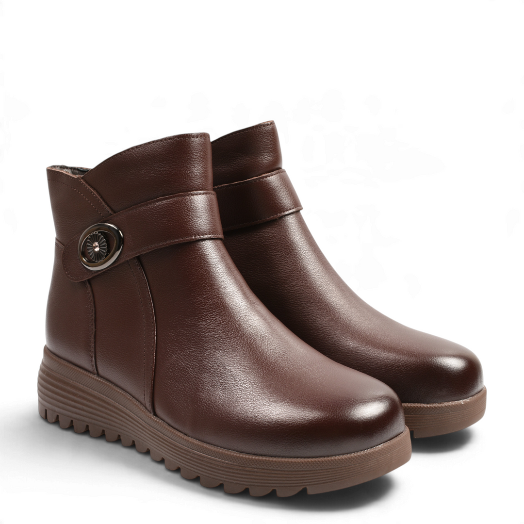 ada-shoes.ro brown leather ankle boots with decorative metal buckle and thick anti-slip sole for women