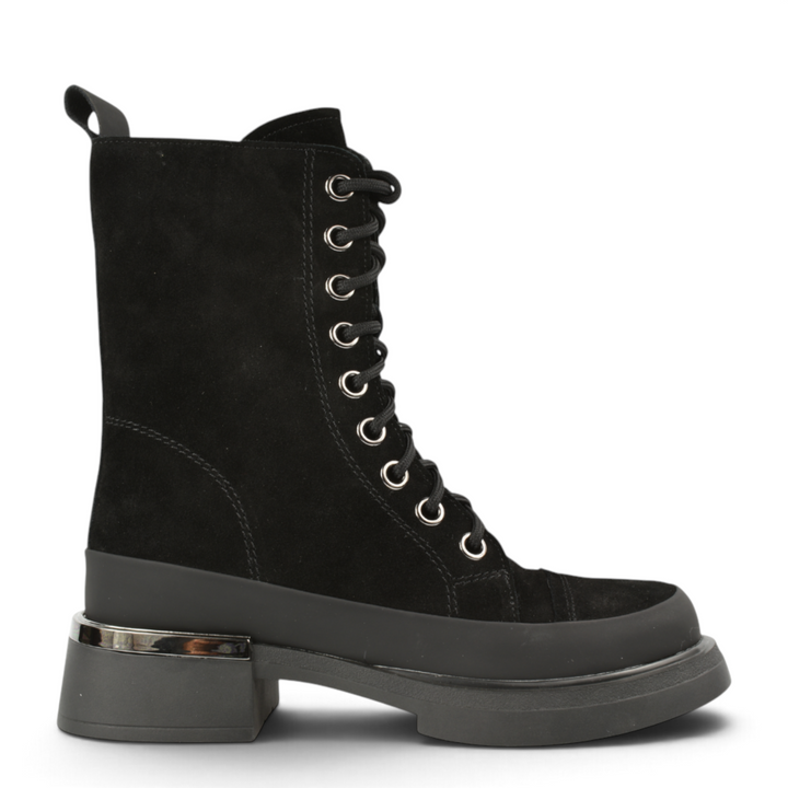 ada-shoes.ro Anna Viotti black suede combat boots with lace-up closure, metallic heel detail, and thick platform sole