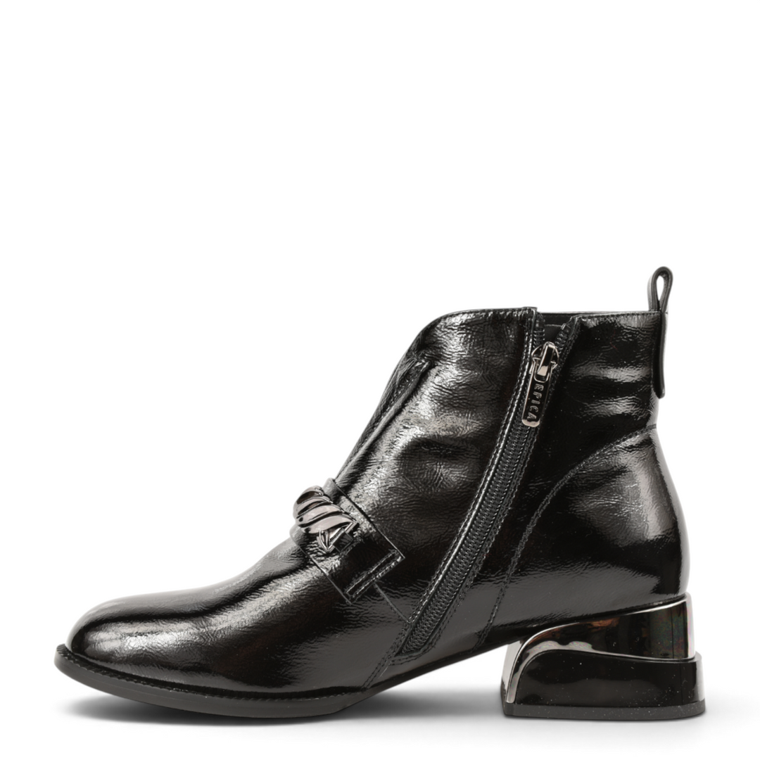 ada-shoes.ro EPICA black patent leather ankle boots with side zipper and decorative chain detail on a low block heel