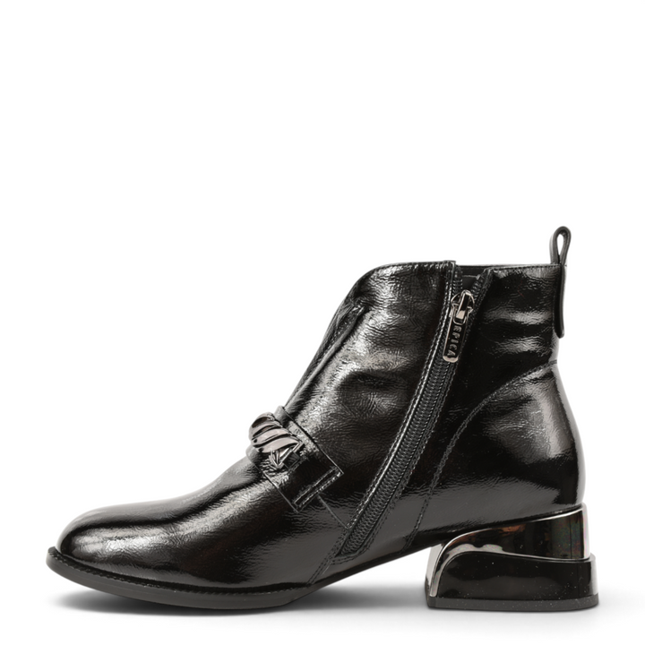 ada-shoes.ro EPICA black patent leather ankle boots with side zipper and decorative chain detail on a low block heel