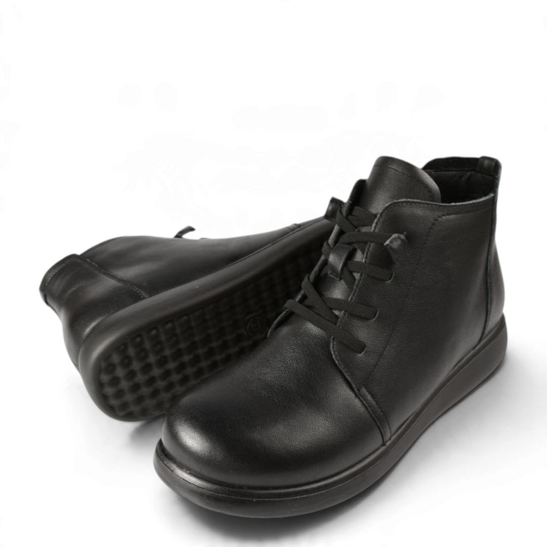 ada-shoes.ro black leather casual ankle boots for women with laces and side zipper, featuring a flat flexible sole