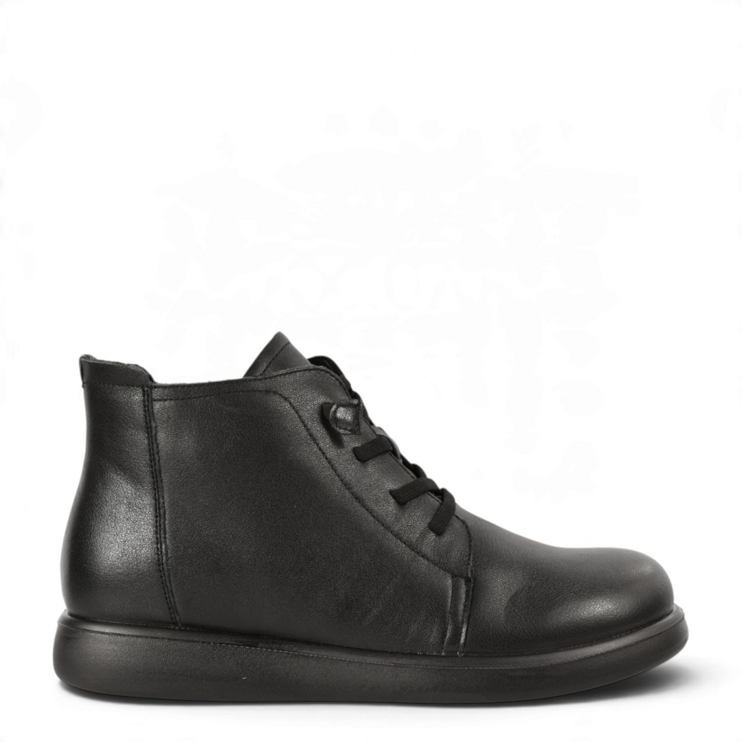 ada-shoes.ro Pass Collection black leather casual ankle boots with lace-up front and side zipper for women