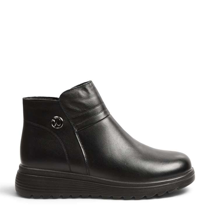 ada-shoes.ro black leather ankle boots with a side zipper, decorative strap, and thick, flexible anti-slip sole.