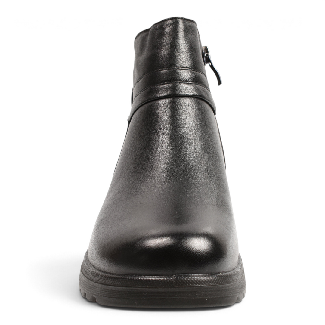 ada-shoes.ro black leather ankle boots with a side zipper, decorative strap, and thick, flexible anti-slip sole.