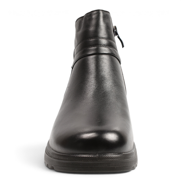 ada-shoes.ro black leather ankle boots with a side zipper, decorative strap, and thick, flexible anti-slip sole.