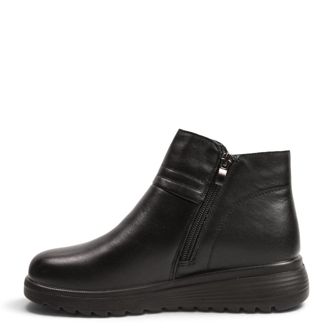 ada-shoes.ro black leather ankle boots with side zipper, decorative strap, and thick flexible sole
