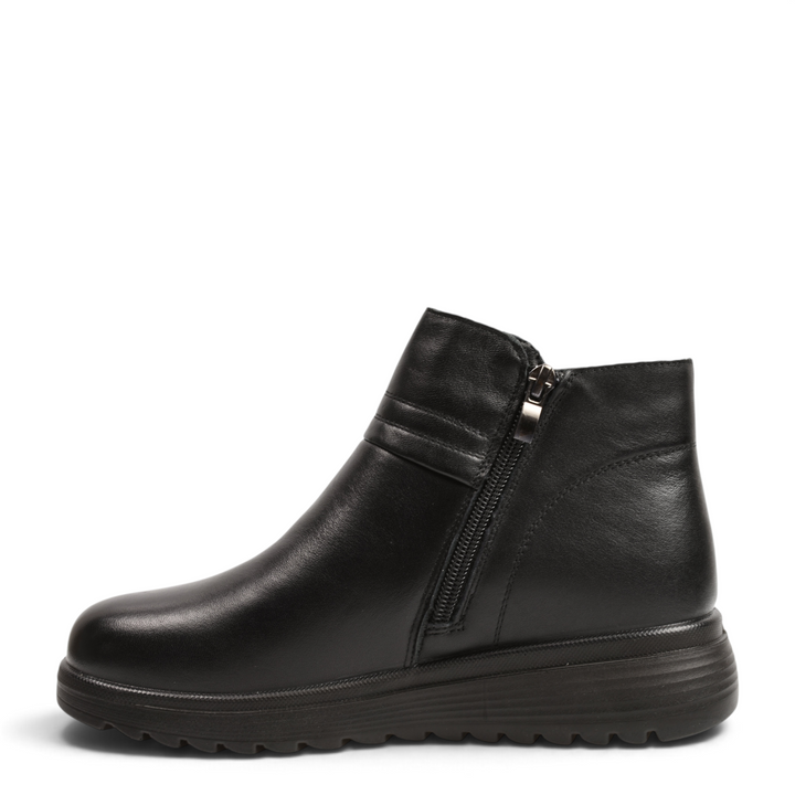 ada-shoes.ro black leather ankle boots with side zipper, decorative strap, and thick flexible sole
