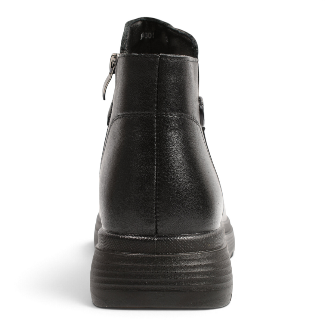 ada-shoes.ro black leather ankle boots with thick flexible sole and side zipper, back view