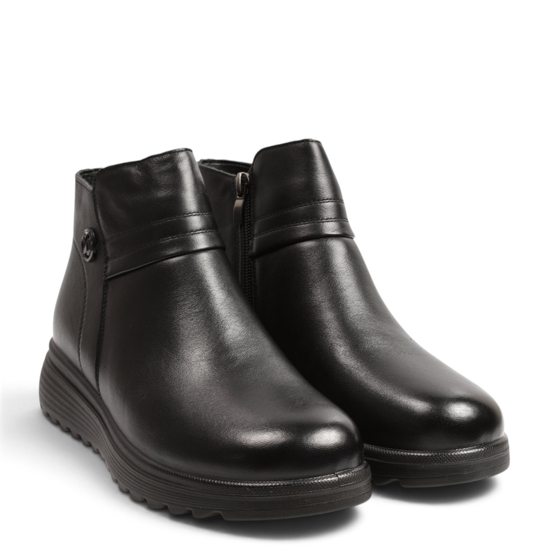 ada-shoes.ro black leather ankle boots with side zipper, decorative strap, and thick anti-slip sole