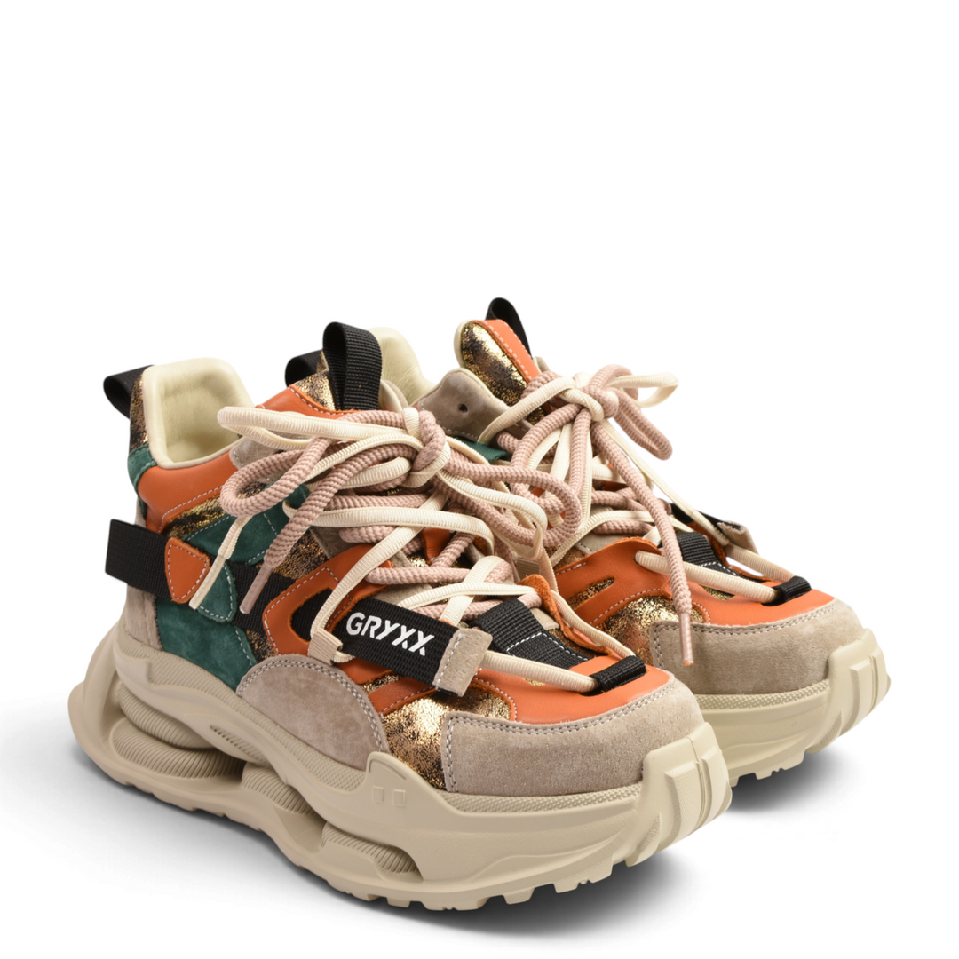 ada-shoes.ro Gryxx chunky sneakers in beige, orange, and green suede with metallic gold accents and thick sole