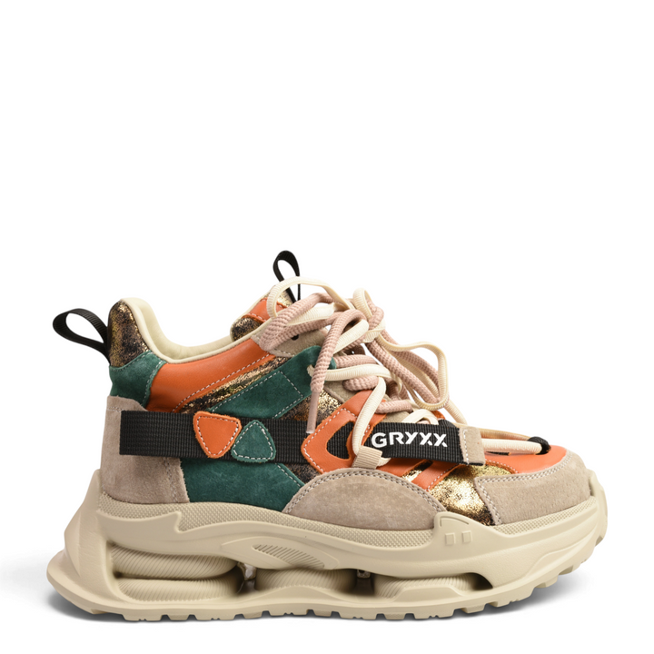 ada-shoes.ro Gryxx chunky sneaker boots in beige, terracotta, emerald green, and gold with a cushioned sole