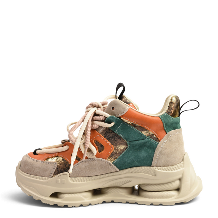 ada-shoes.ro Gryxx chunky sneaker boot in beige, terracotta, emerald green, and gold leather with a cushioned sole.