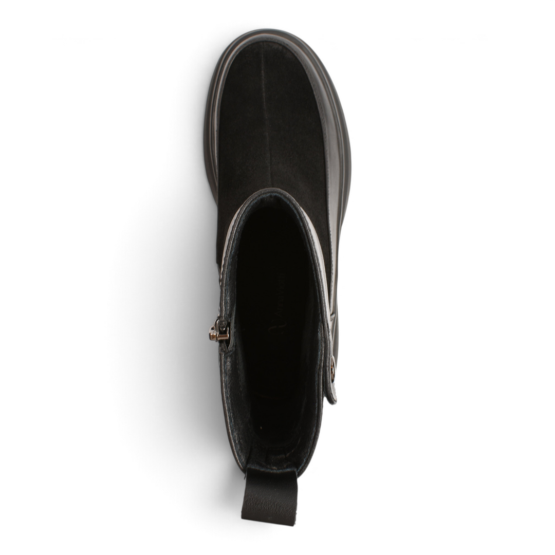 Top view of black Anna Viotti leather ankle boots featuring a mix of suede and smooth leather with a thick track sole.
