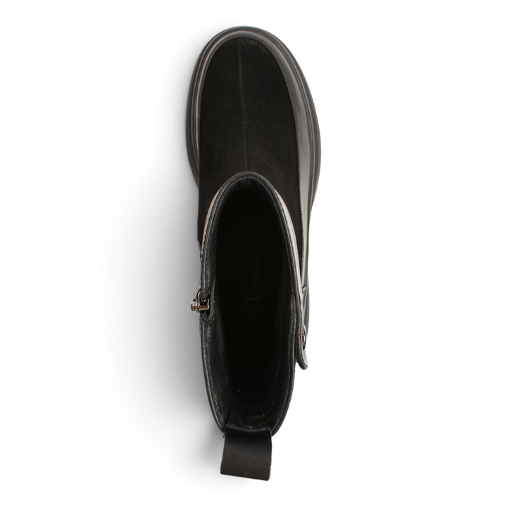Top view of black Anna Viotti leather ankle boots featuring a mix of suede and smooth leather with a thick track sole.