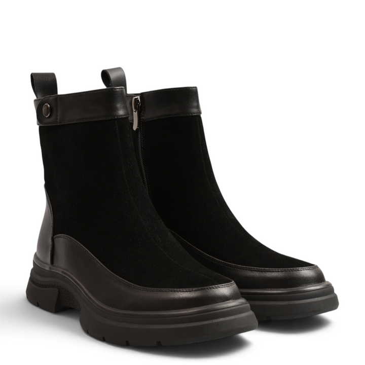 ada-shoes.ro black ankle boots in suede and smooth leather with a thick track sole and side zipper closure