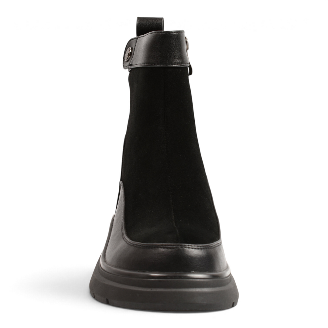 ada-shoes.ro Anna Viotti black suede and leather ankle boots with a thick track sole and silver side stud detail