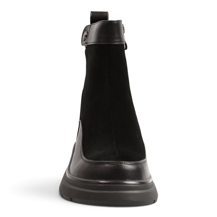 ada-shoes.ro Anna Viotti black suede and leather ankle boots with a thick track sole and silver side stud detail