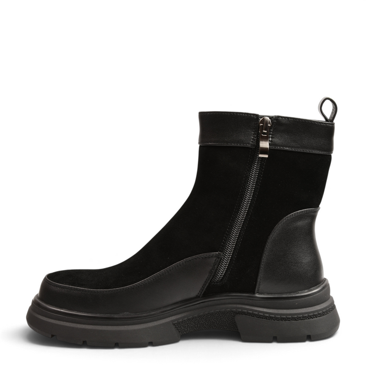ada-shoes.ro Anna Viotti black ankle boots in suede and smooth leather with a chunky track sole and side zipper