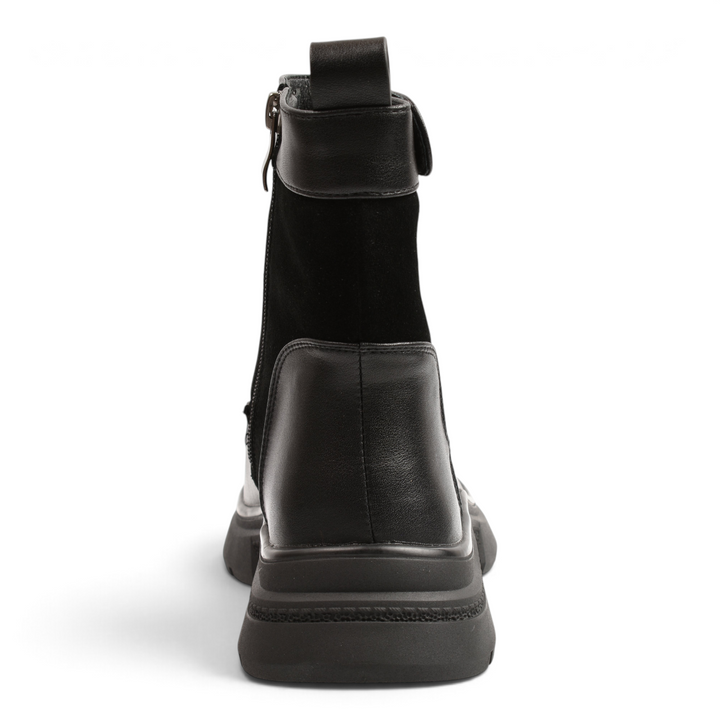 ada-shoes.ro black leather ankle boots with a thick track sole and back pull tab, rear view