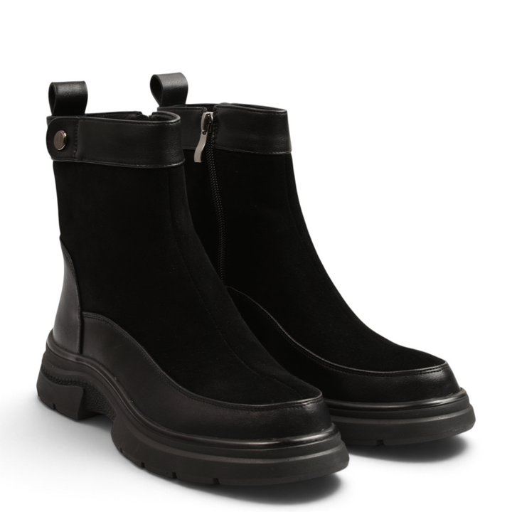 ada-shoes.ro Anna Viotti black ankle boots in suede and smooth leather with a chunky track sole and side zipper