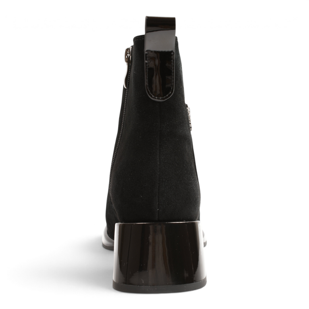 Back view of Anna Viotti black suede ankle boots with a glossy block heel from ada-shoes.ro