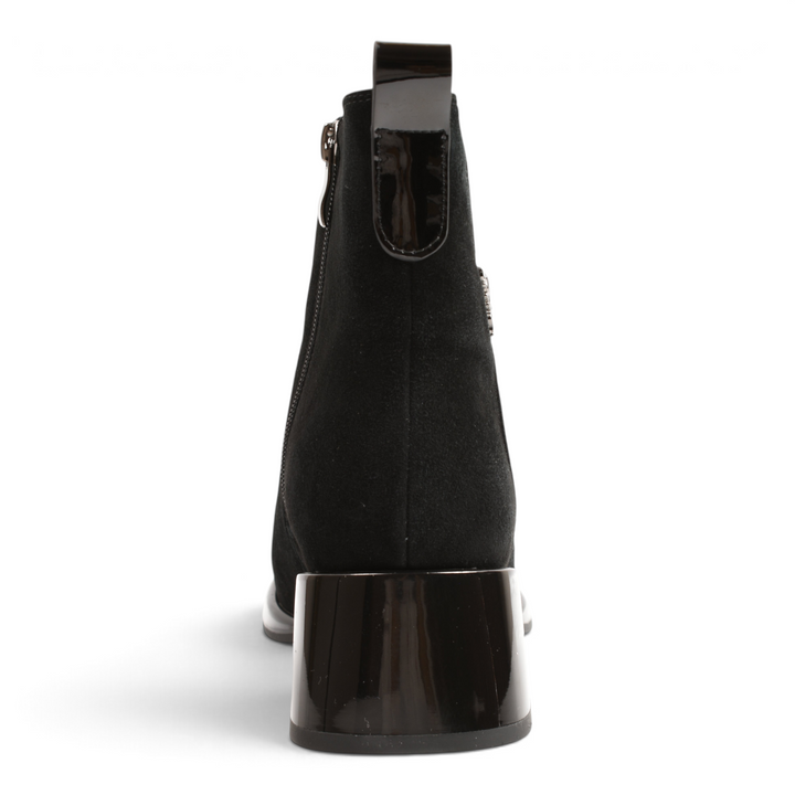 Back view of Anna Viotti black suede ankle boots with a glossy block heel from ada-shoes.ro